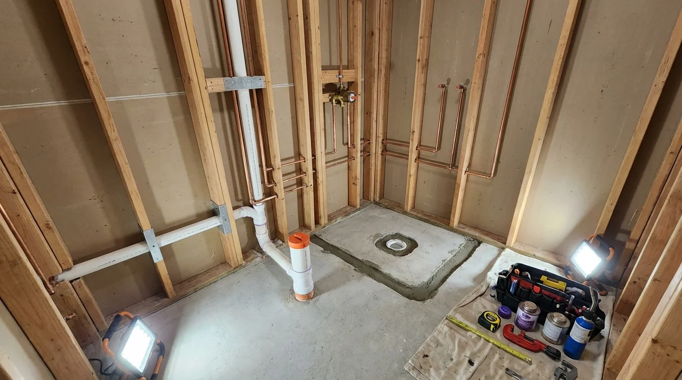 Bathroom rough-in plumbing during remodel by Johns Plumbing LLC in Sylacauga