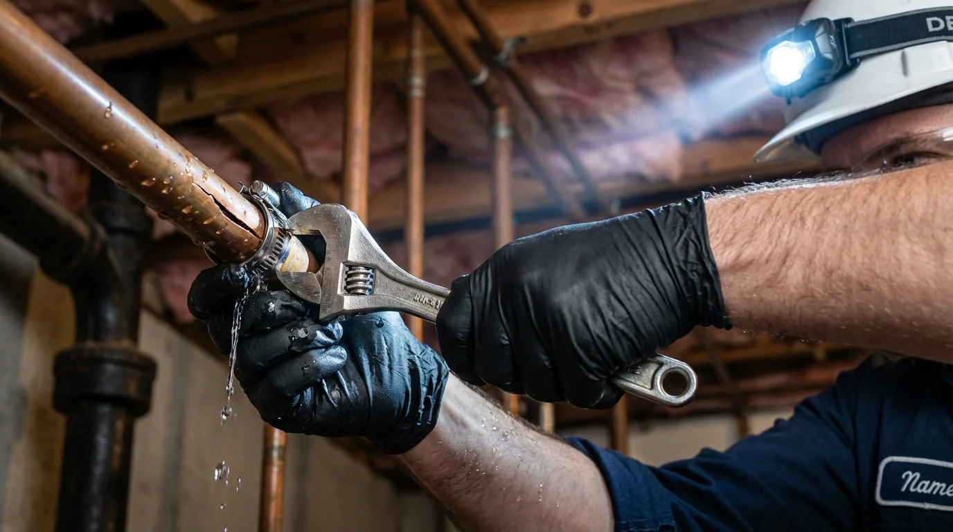 Emergency pipe clamp repair being performed by a Johns Plumbing LLC plumber in Sylacauga