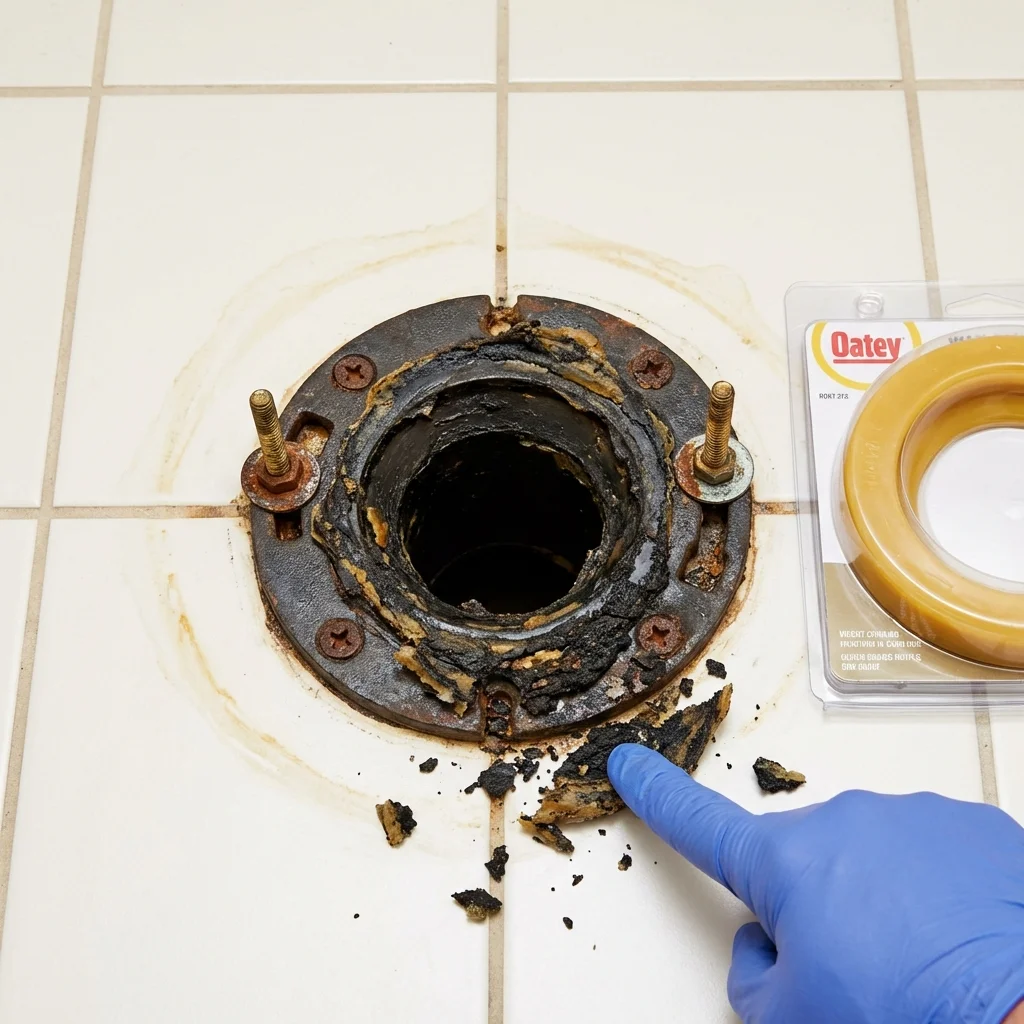 Failed wax ring showing water seepage at the base of a toilet in a Sylacauga, AL home