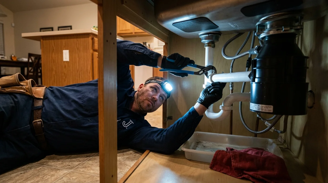 P-trap and supply line connections under a kitchen sink showing a common leak point in Sylacauga, AL